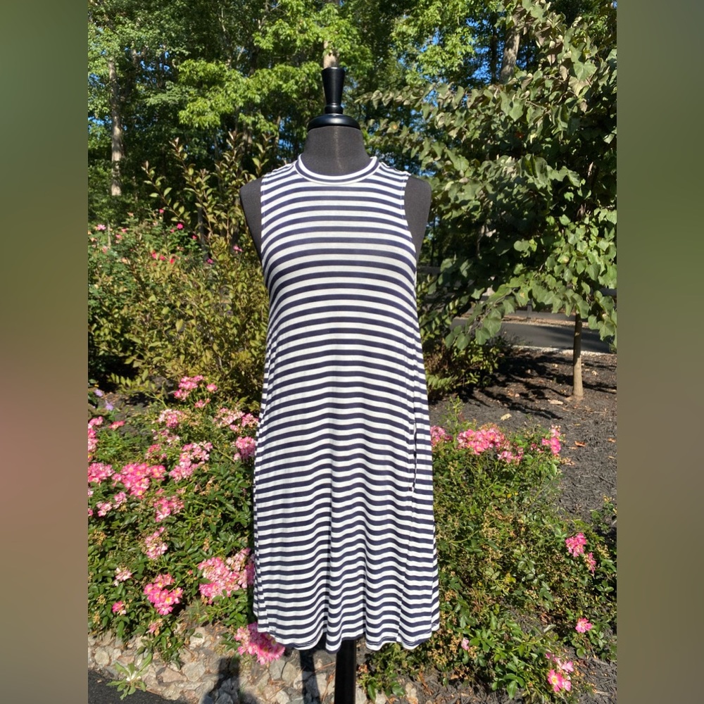 Mudpie Sleeveless Navy and White Dress with Pockets.